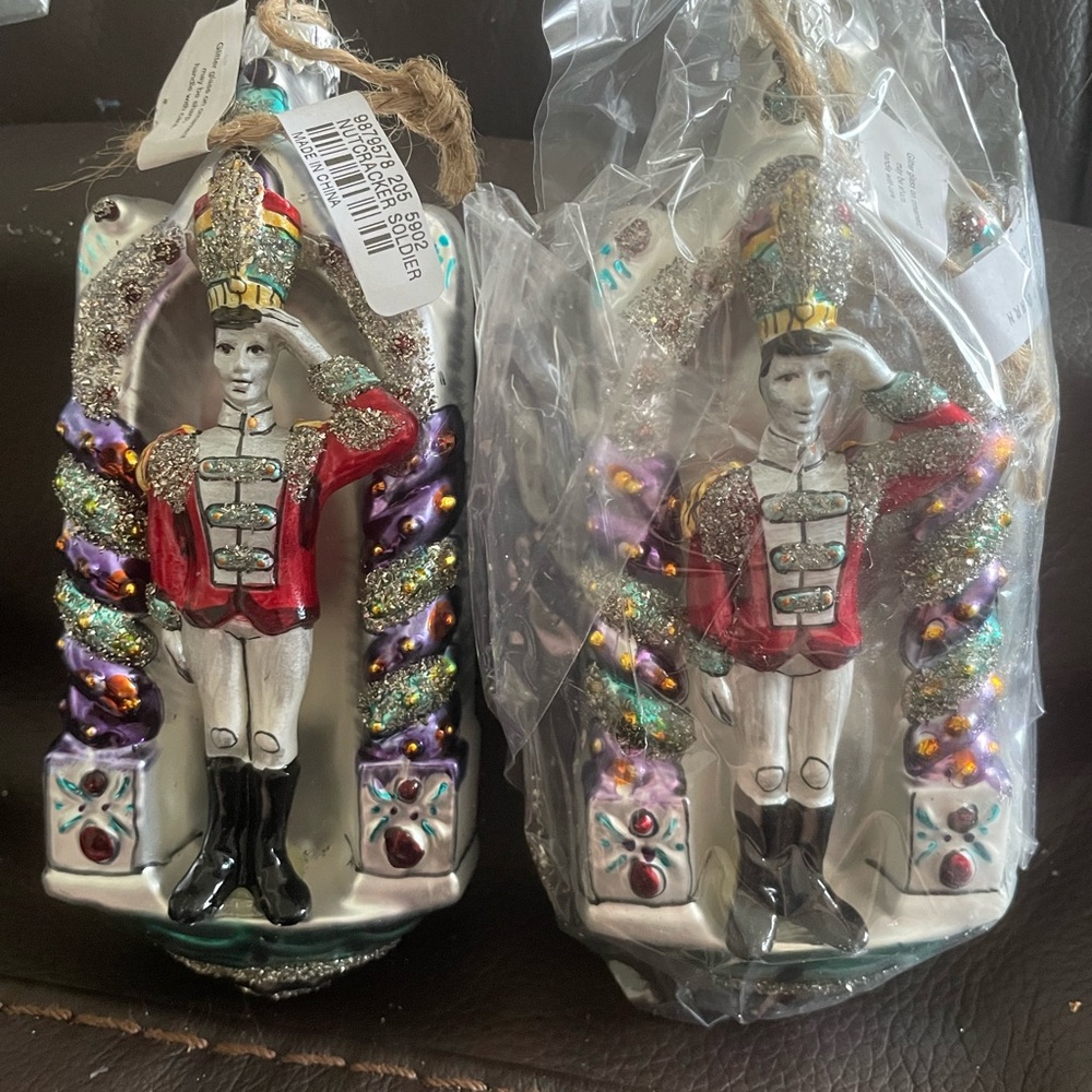 2 Vintage Pottery Barn Glass Nutcracker Soldiers Christmas Holiday Ornaments NWT